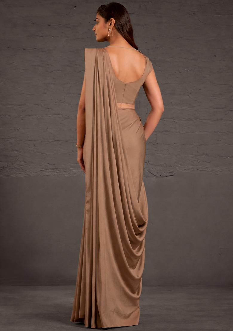 Beige Crepe Handwork Pre Draped Saree Set - Indya