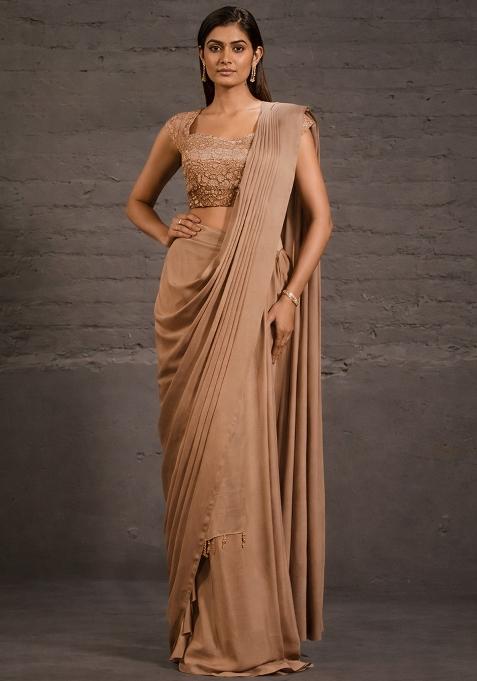 Beige Crepe Handwork Pre Draped Saree Set — view on Indya