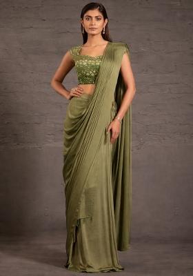 Olive Green Crepe Handwork Pre Draped Saree Set