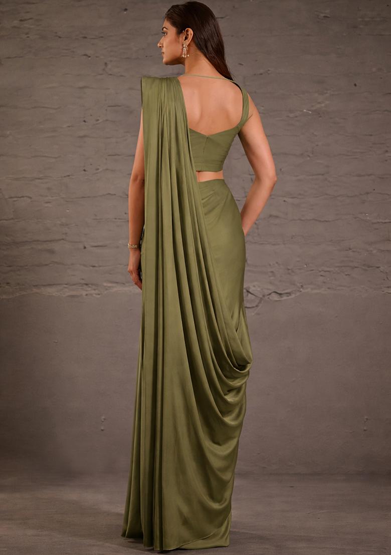 Olive Green Crepe Handwork Pre Draped Saree Set - Indya