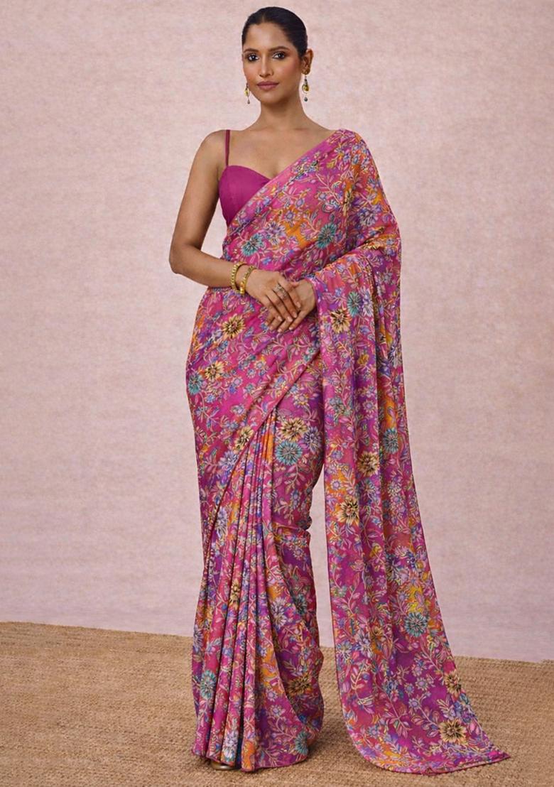 Rani Pink Floral Print Crepe Pre Draped Saree Set - Indya
