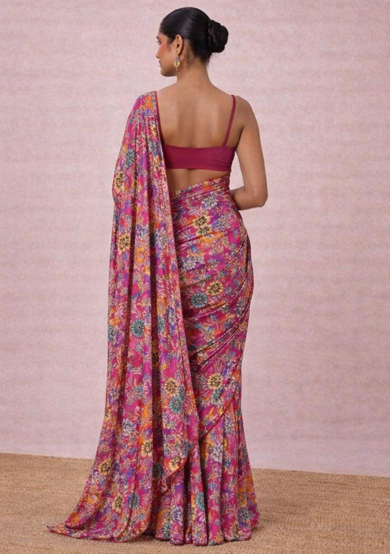 Rani Pink Floral Print Crepe Pre Draped Saree Set - Indya