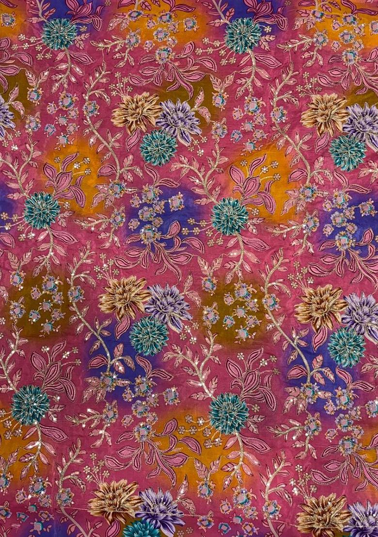Rani Pink Floral Print Crepe Pre Draped Saree Set - Indya