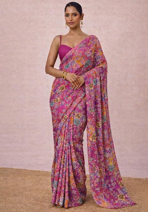 Rani Pink Floral Print Crepe Pre Draped Saree Set — view on Indya
