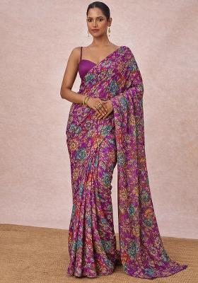 Purple Floral Print Crepe Pre Draped Saree Set