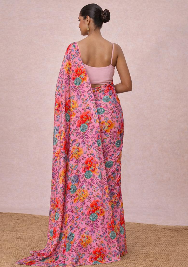 Light Pink Floral Print Crepe Pre Draped Saree Set - Indya