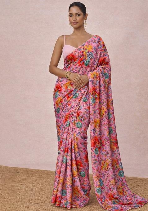 Light Pink Floral Print Crepe Pre Draped Saree Set