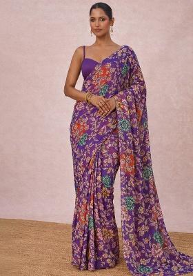 Royal Purple Floral Print Crepe Pre Draped Saree Set