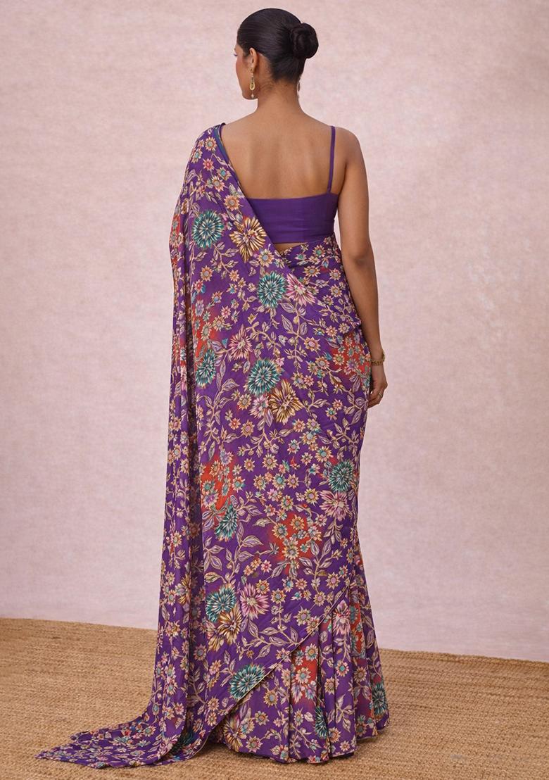 Royal Purple Floral Print Crepe Pre Draped Saree Set - Indya