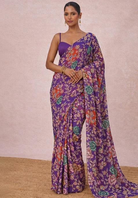 Royal Purple Floral Print Crepe Pre Draped Saree Set