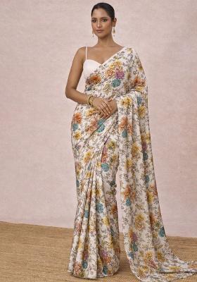 Ivory Floral Print Crepe Pre Draped Saree Set