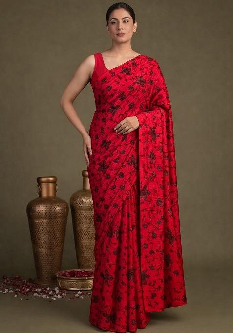 Red Embroidered Chanderi Pre Draped Saree Set — view on Indya