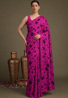 Deep Pink Embroidered Chanderi Pre Draped Saree Set