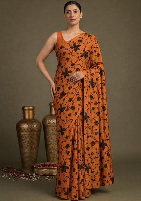 Rust Embroidered Chanderi Pre Draped Saree Set — view on Indya