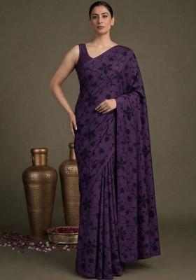 Deep Purple Embroidered Chanderi Pre Draped Saree Set