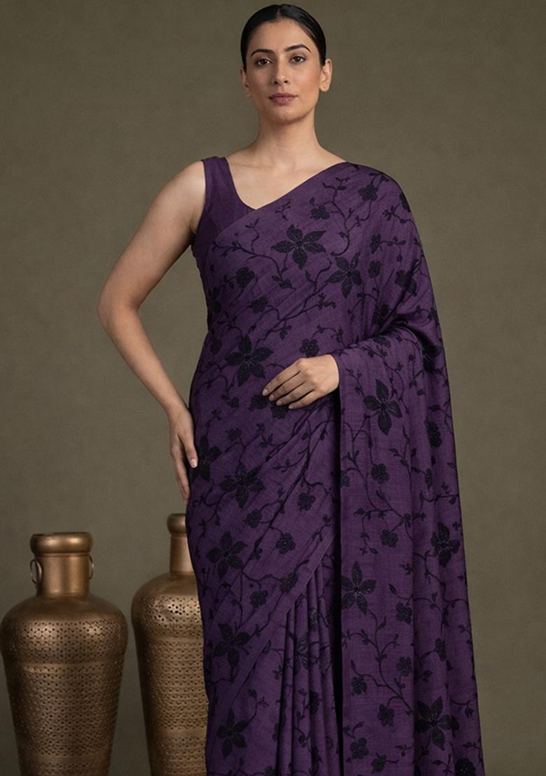 Deep Purple Embroidered Chanderi Pre Draped Saree Set - Indya
