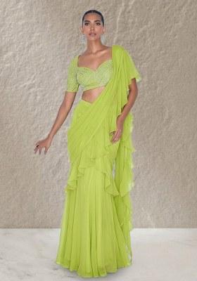 Apple Green Organza Handwork Pre Draped Saree Set
