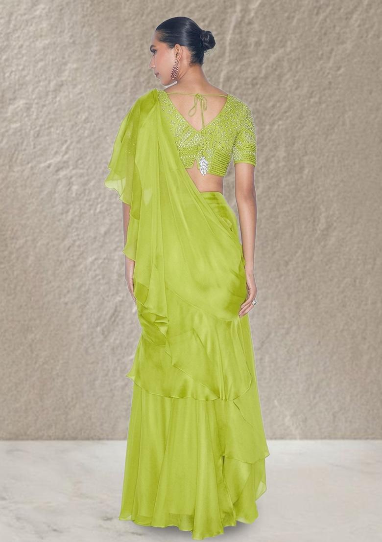Apple Green Organza Handwork Pre Draped Saree Set - Indya