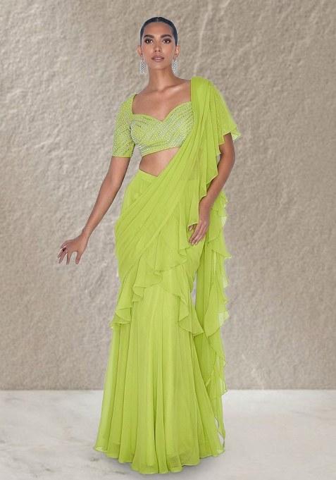 Apple Green Organza Handwork Pre Draped Saree Set — view on Indya