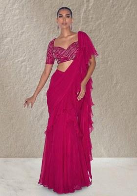 Rani Pink Organza Handwork Pre Draped Saree Set