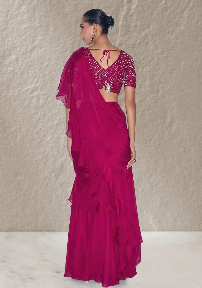 Rani Pink Organza Handwork Pre Draped Saree Set - Indya