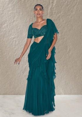 Emerald&nbsp;Green Organza Handwork Pre Draped Saree Set