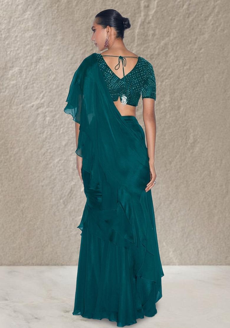 Emerald&nbsp;Green Organza Handwork Pre Draped Saree Set - Indya