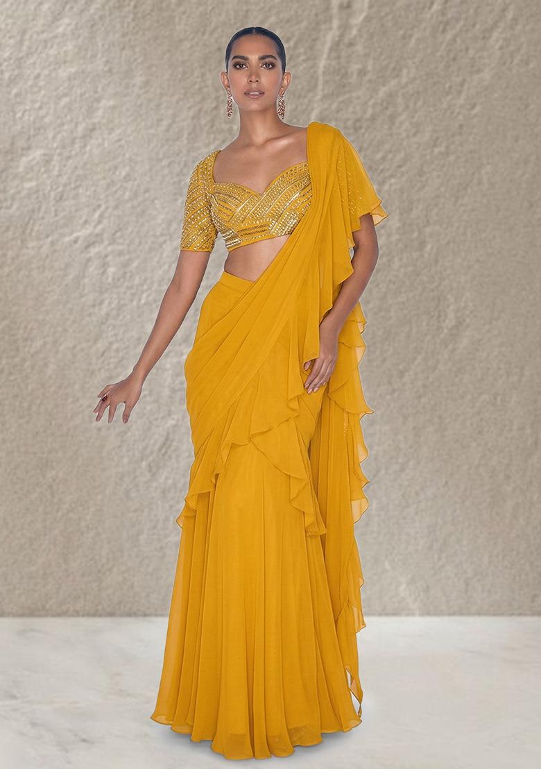 Mustard Organza Handwork Pre Draped Saree Set - Indya
