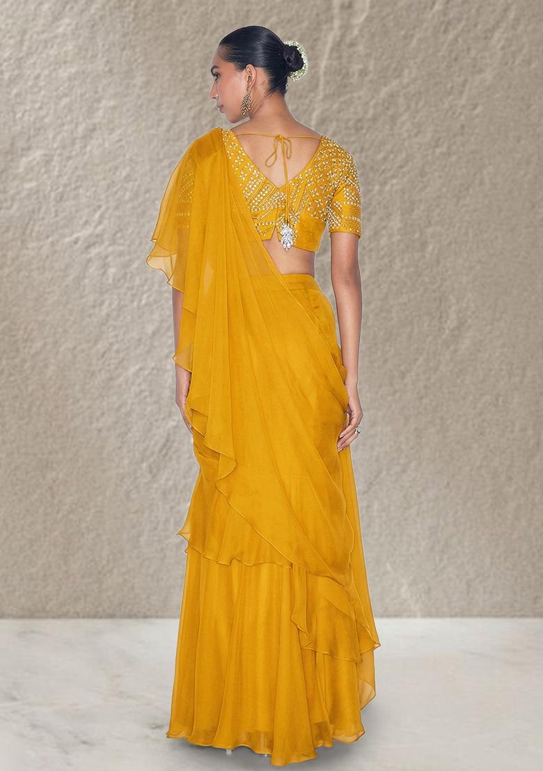 Mustard Organza Handwork Pre Draped Saree Set - Indya