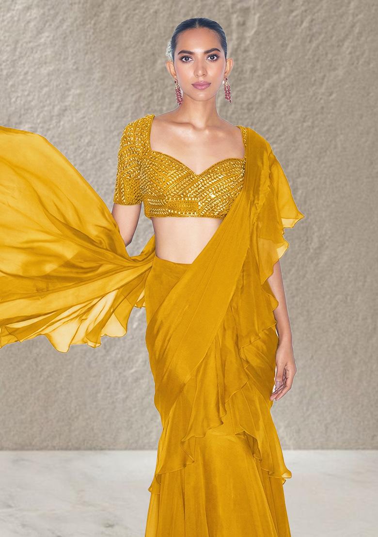Mustard Organza Handwork Pre Draped Saree Set - Indya