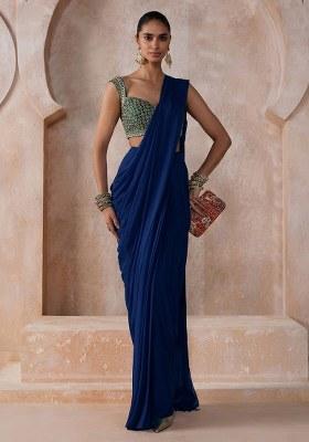 Deep Blue Chiffon Handwork Pre Draped Saree Set