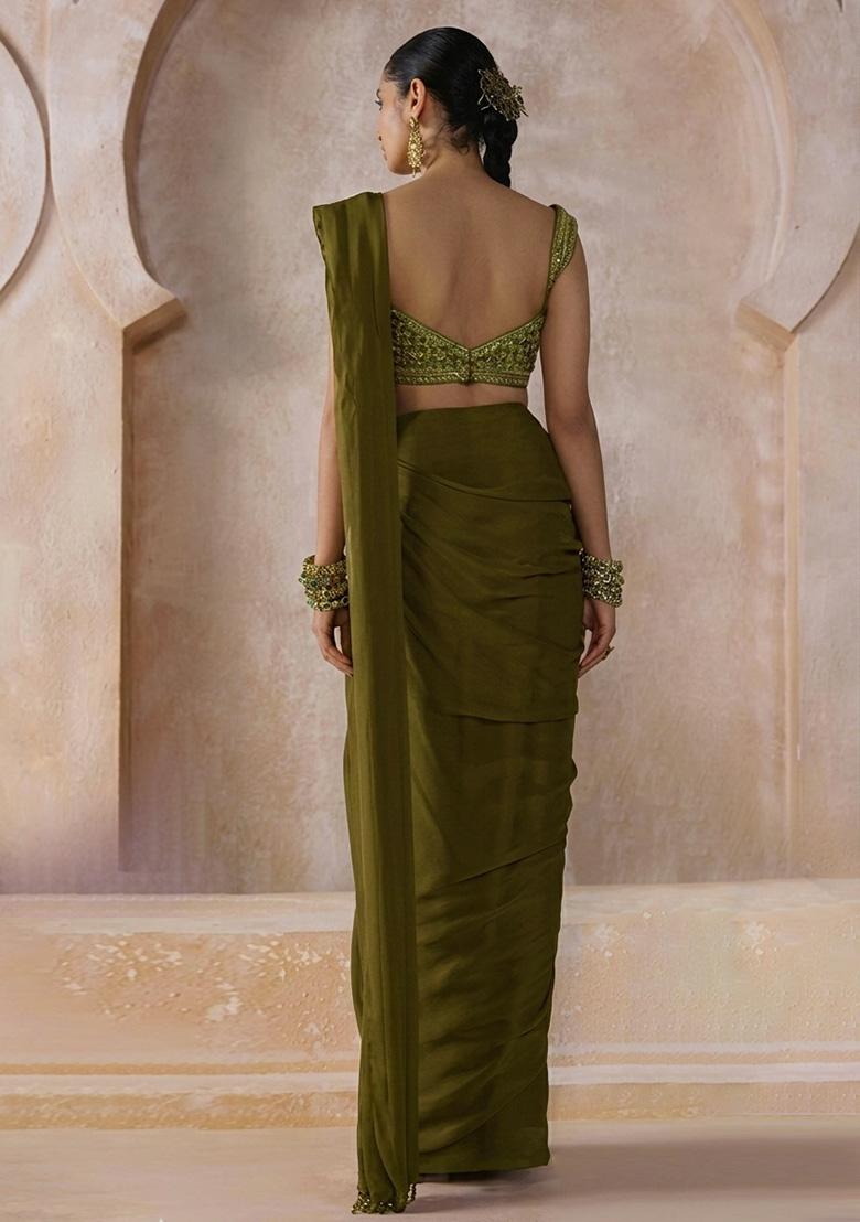 Olive Green Chiffon Handwork Pre Draped Saree Set - Indya