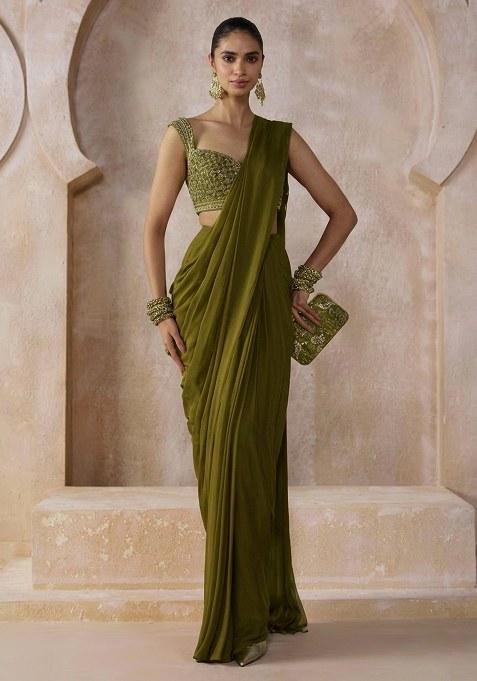 Olive Green Chiffon Handwork Pre Draped Saree Set