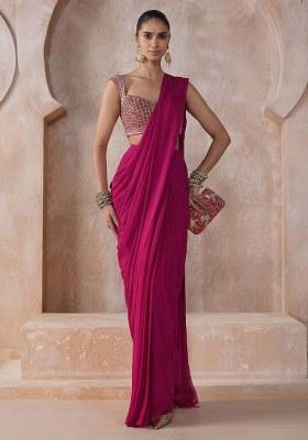 Rani Pink Chiffon Handwork Pre Draped Saree Set