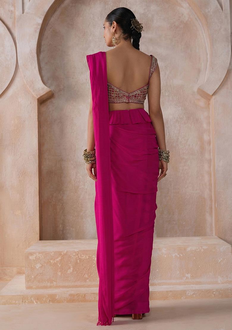 Rani Pink Chiffon Handwork Pre Draped Saree Set - Indya