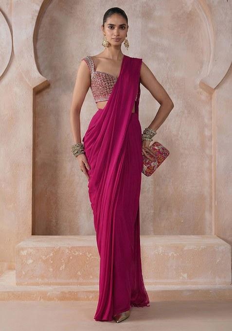 Rani Pink Chiffon Handwork Pre Draped Saree Set