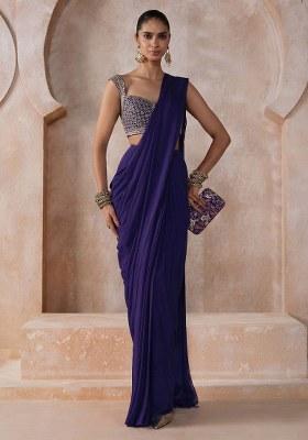 Navy Blue Chiffon Handwork Pre Draped Saree Set