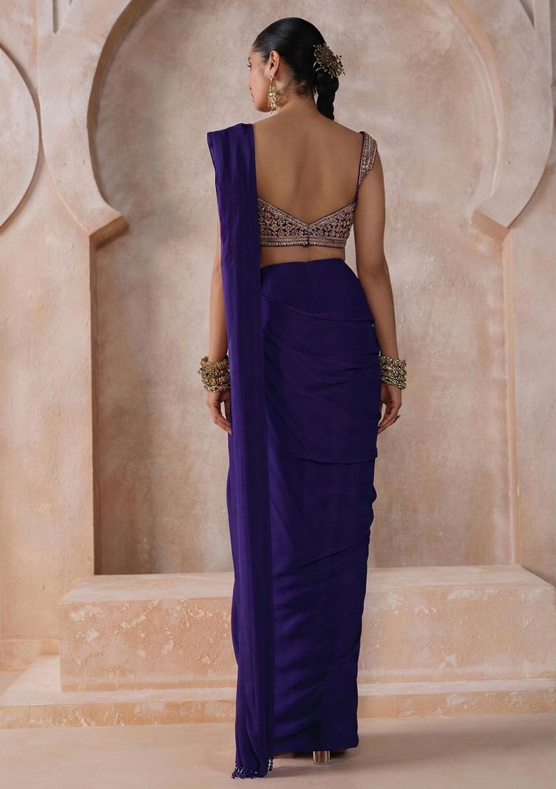 Navy Blue Chiffon Handwork Pre Draped Saree Set - Indya