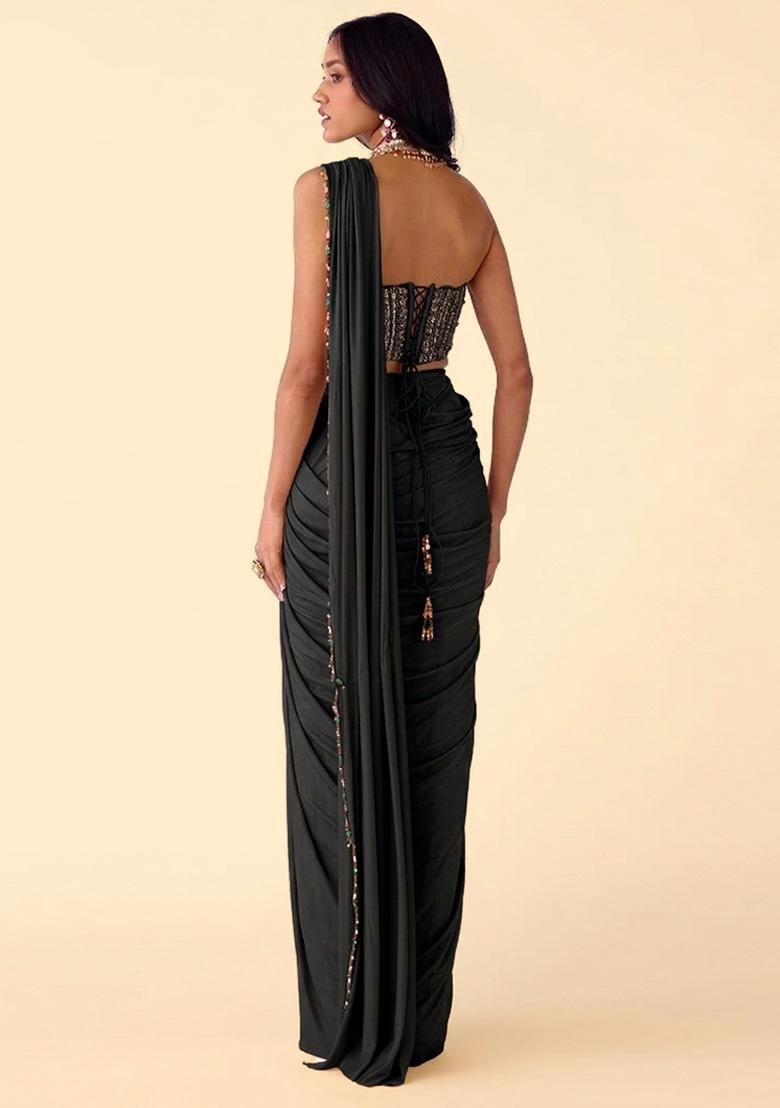 Black Crepe Handwork Pre Draped Saree Set - Indya