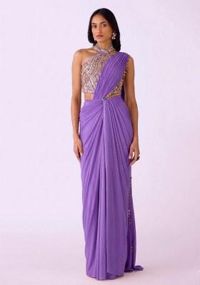 Lilac Crepe Handwork Pre Draped Saree Set
