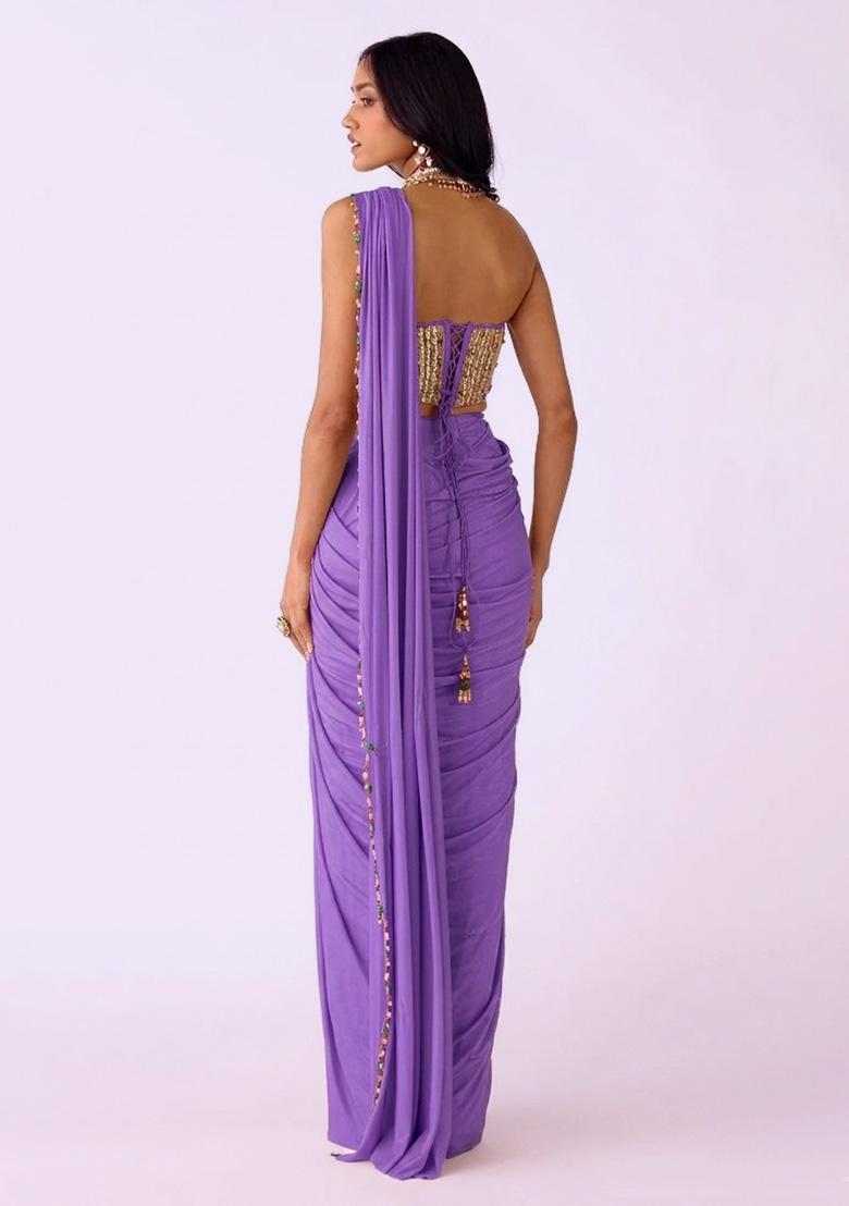 Lilac Crepe Handwork Pre Draped Saree Set - Indya