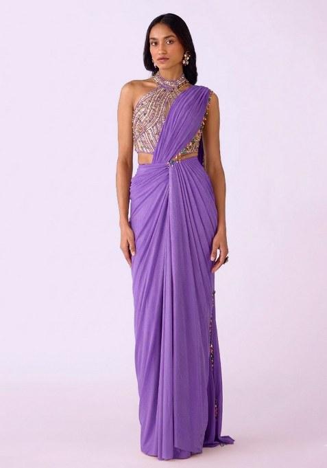Lilac Crepe Handwork Pre Draped Saree Set