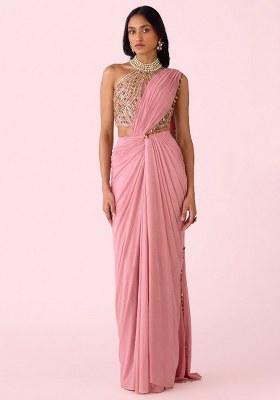 Pink Crepe Handwork Pre Draped Saree Set