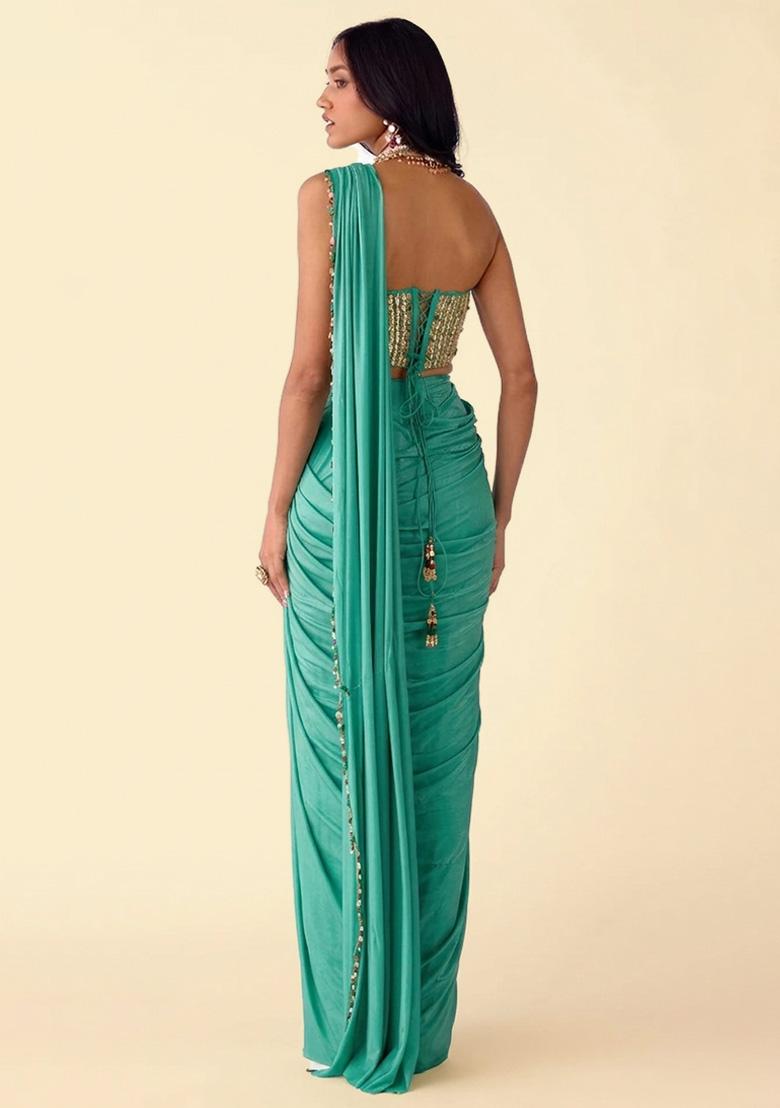 Mint Green Crepe Handwork Pre Draped Saree Set - Indya