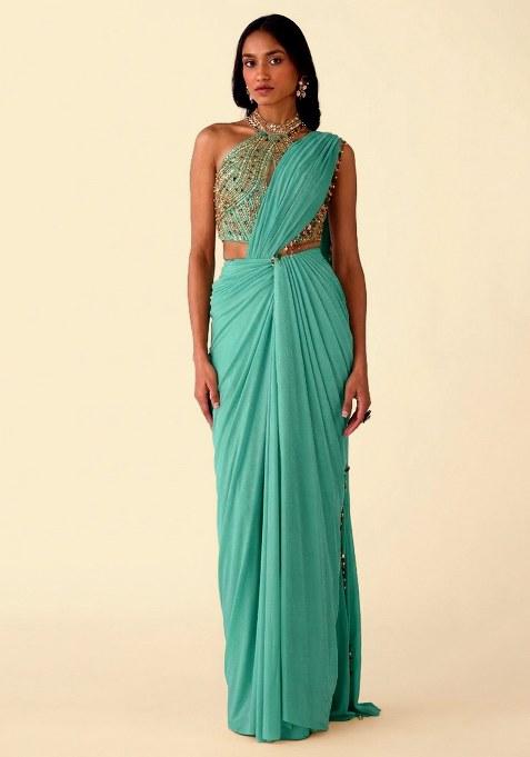 Mint Green Crepe Handwork Pre Draped Saree Set