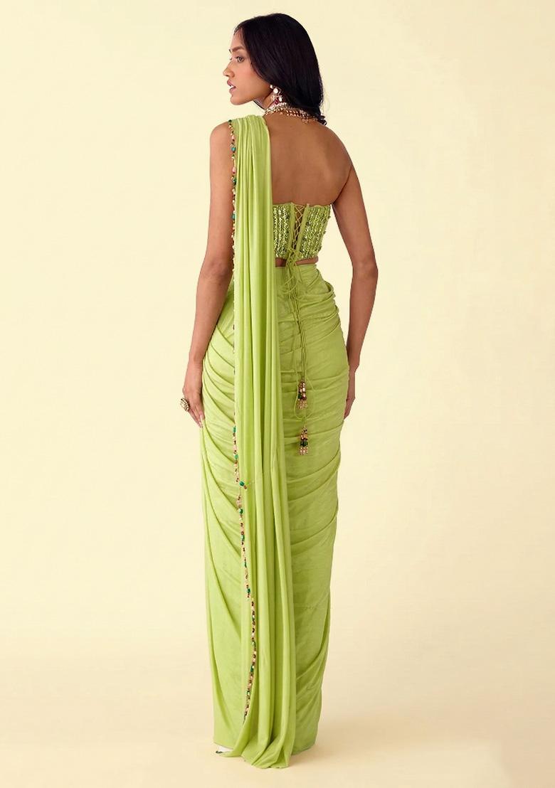 Apple Green Poly Blend Handwork Pre Draped Saree Set - Indya