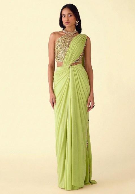 Apple Green Poly Blend Handwork Pre Draped Saree Set