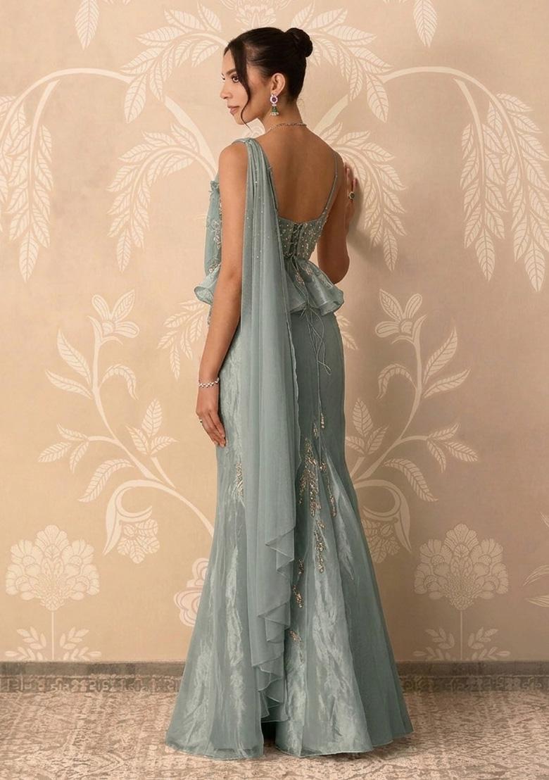 Grey Organza Handwork Pre Draped Saree Set - Indya