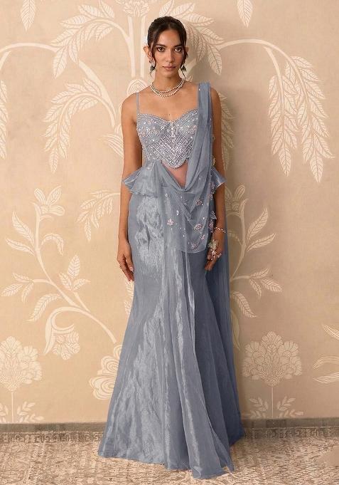 Grey Organza Handwork Pre Draped Saree Set