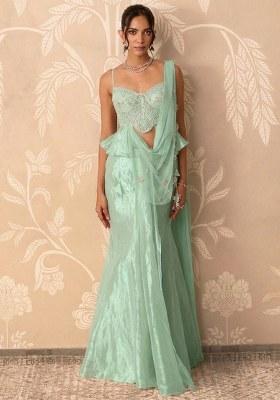 Mint Green Organza Handwork Pre Draped Saree Set